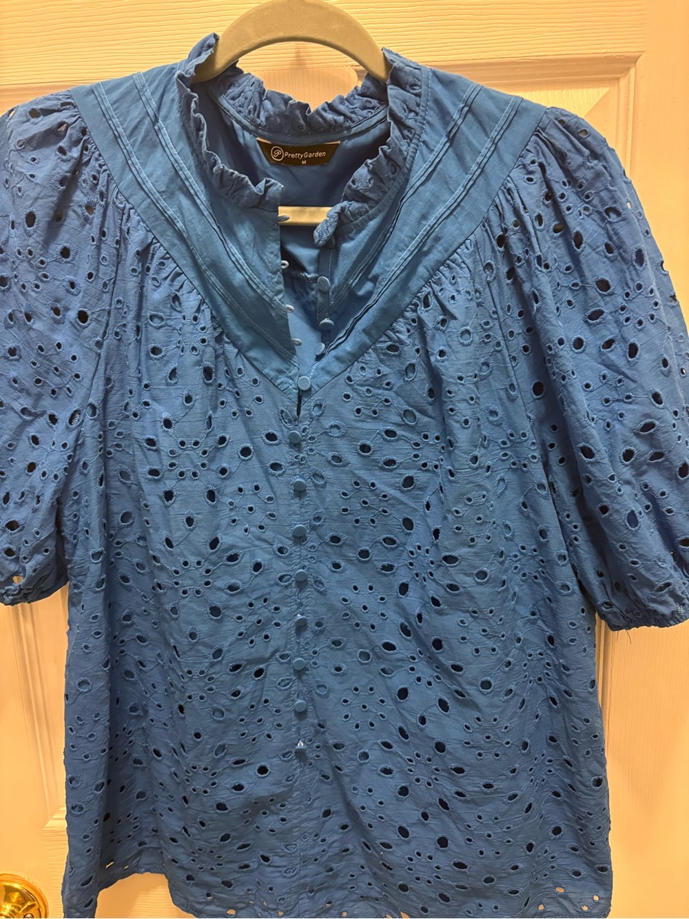 PrettyGarden Blue Eyelet Puff-Sleeve Blouse with Ruffled Collar
